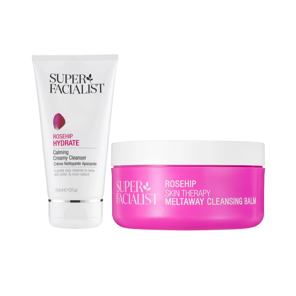 Super Facialist Rosehip Double Cleansing Duo Bundle: including Rosehip Hydrate Calming Creamy Cleanser and Rosehip Skin Therapy Meltaway Cleansing Balm