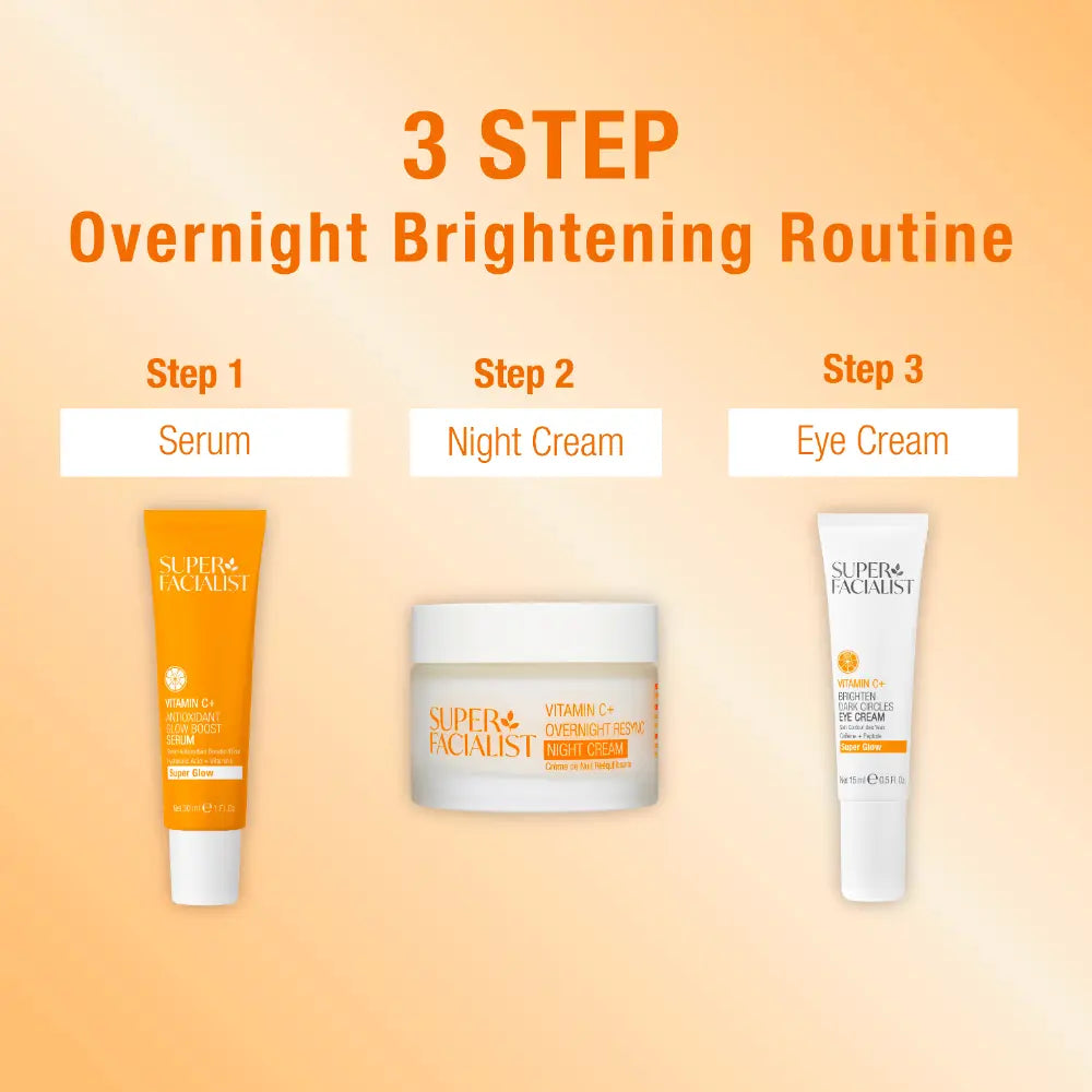 3 step overnight brightening routine: serum, night cream and eye cream